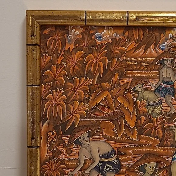 Gold Bamboo Framed Fabric Oriental Art